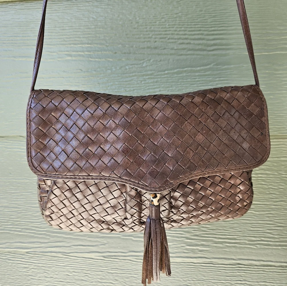 Vintage Cosci Hand Made In Italy Brown Woven Leather Crossbody Bag - Picture 4 of 9